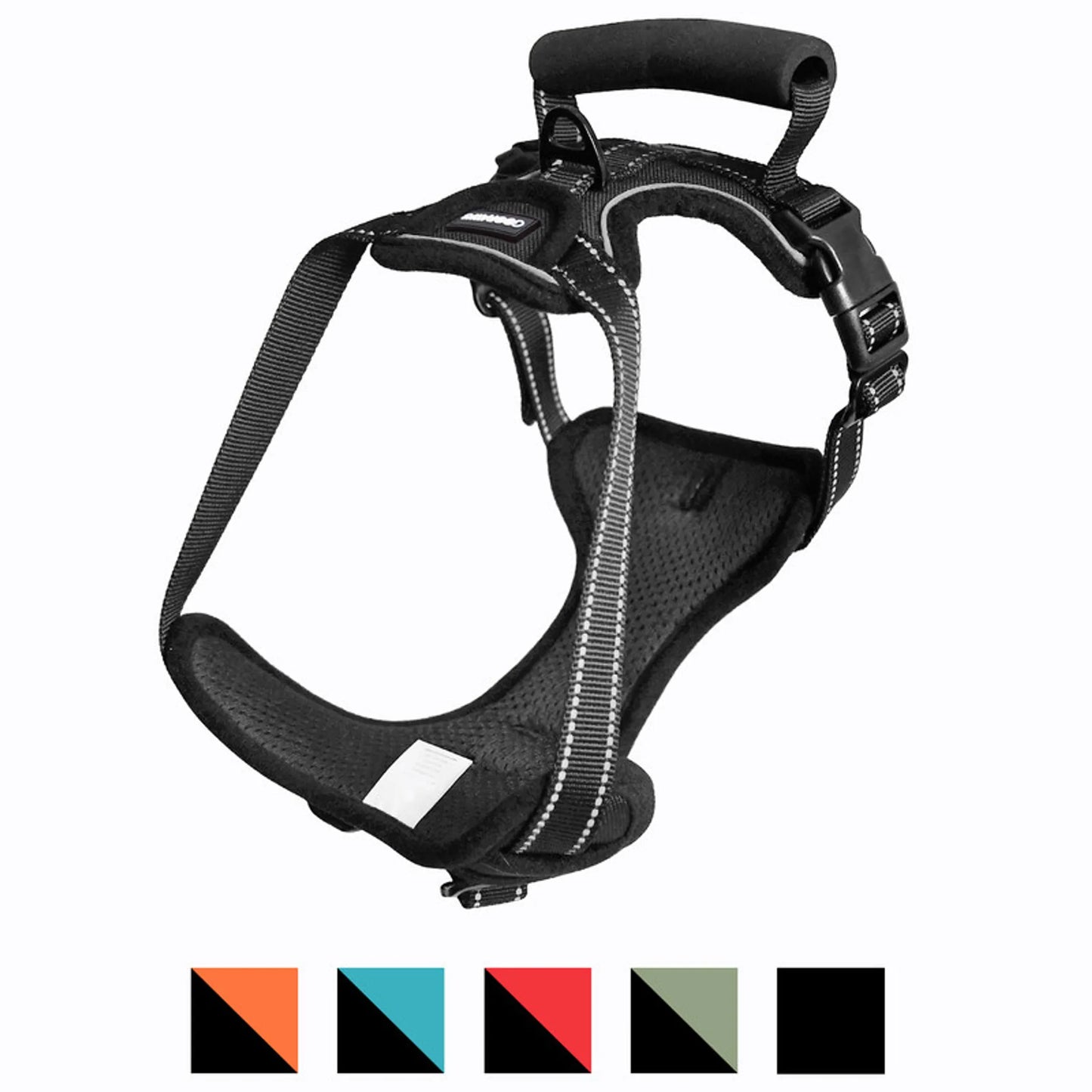 GooPaws Padded Reflective Dog Harness – All black padded mesh harness with top handle and color swatches on white background – Rosie's Pet Paradise