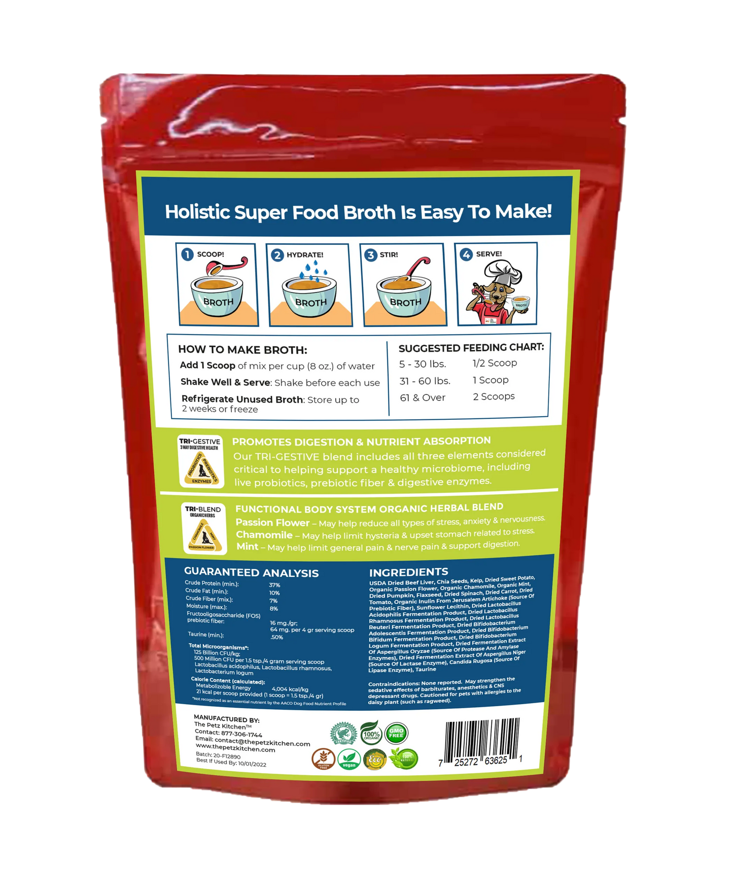 The Petz Kitchen Superfood Broth Stress Anxiety Support – Red package back view – Dog and cat calming supplement – Rosie's Pet Paradise