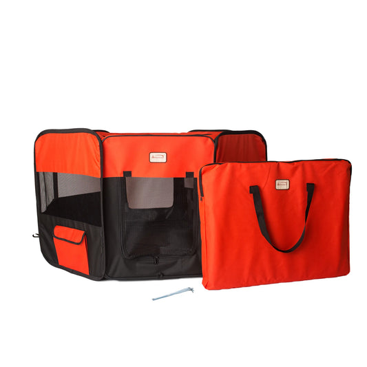 Red and black pet carrier with a matching bag on a white background