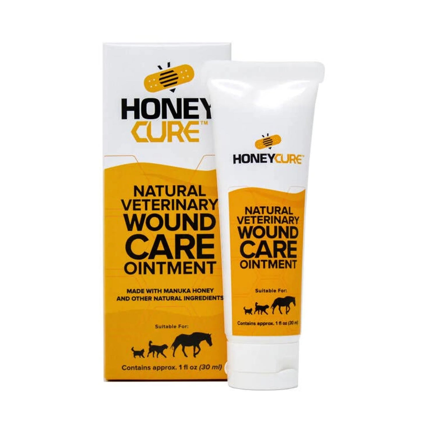 Honey Cure natural veterinary wound care ointment packaging on a white background