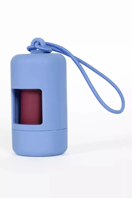 Cornflower Blue Waste Bag Dispenser β Blue silicone dispenser with red bag roll and wrist loop β Dog waste bag holder β Rosie's Pet Paradise