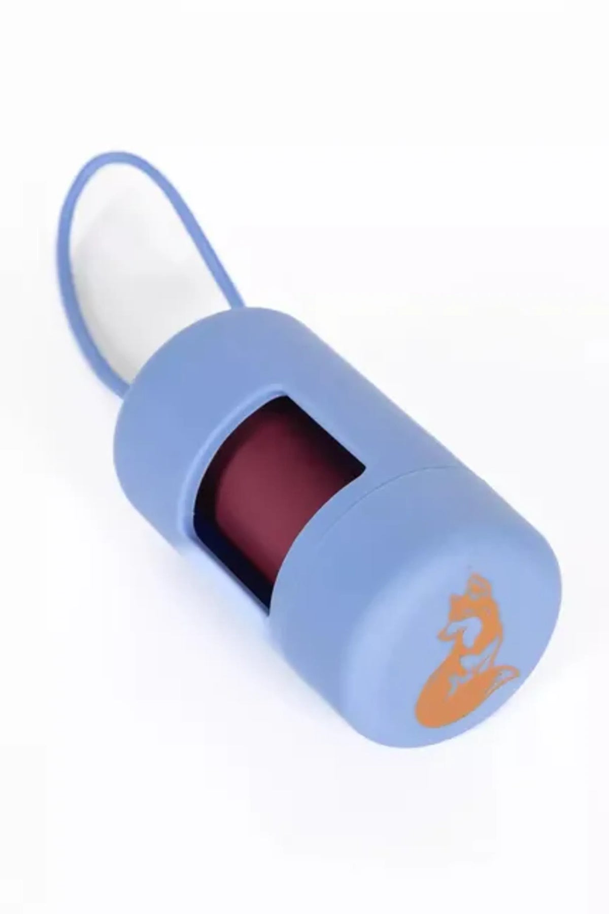 “Aria the Fox Cornflower Blue dog waste bag dispenser with bungee attachment.”