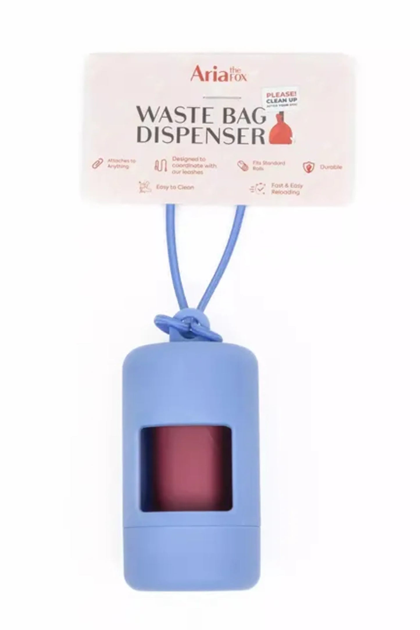 Cornflower Blue Waste Bag Dispenser – Blue dispenser with Ariat logo on white background – Dog waste bag holder – Rosie's Pet Paradise