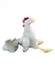 A plush gray dog toy with microfiber legs and a red collar, designed to resemble a chicken.