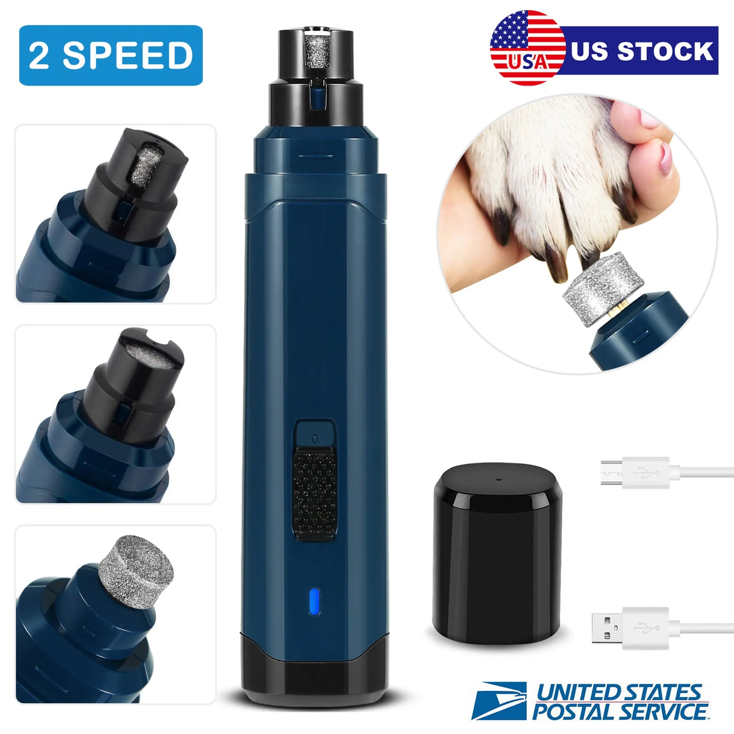Blue pet nail grinder with attachments and usage on a white background