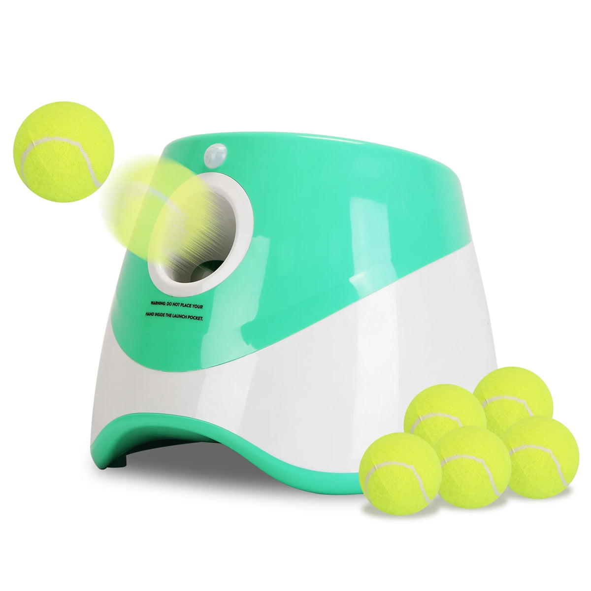 Automatic Dog Ball Launcher – Green and white launcher shooting tennis ball with five balls on white background – Rosie's Pet Paradise