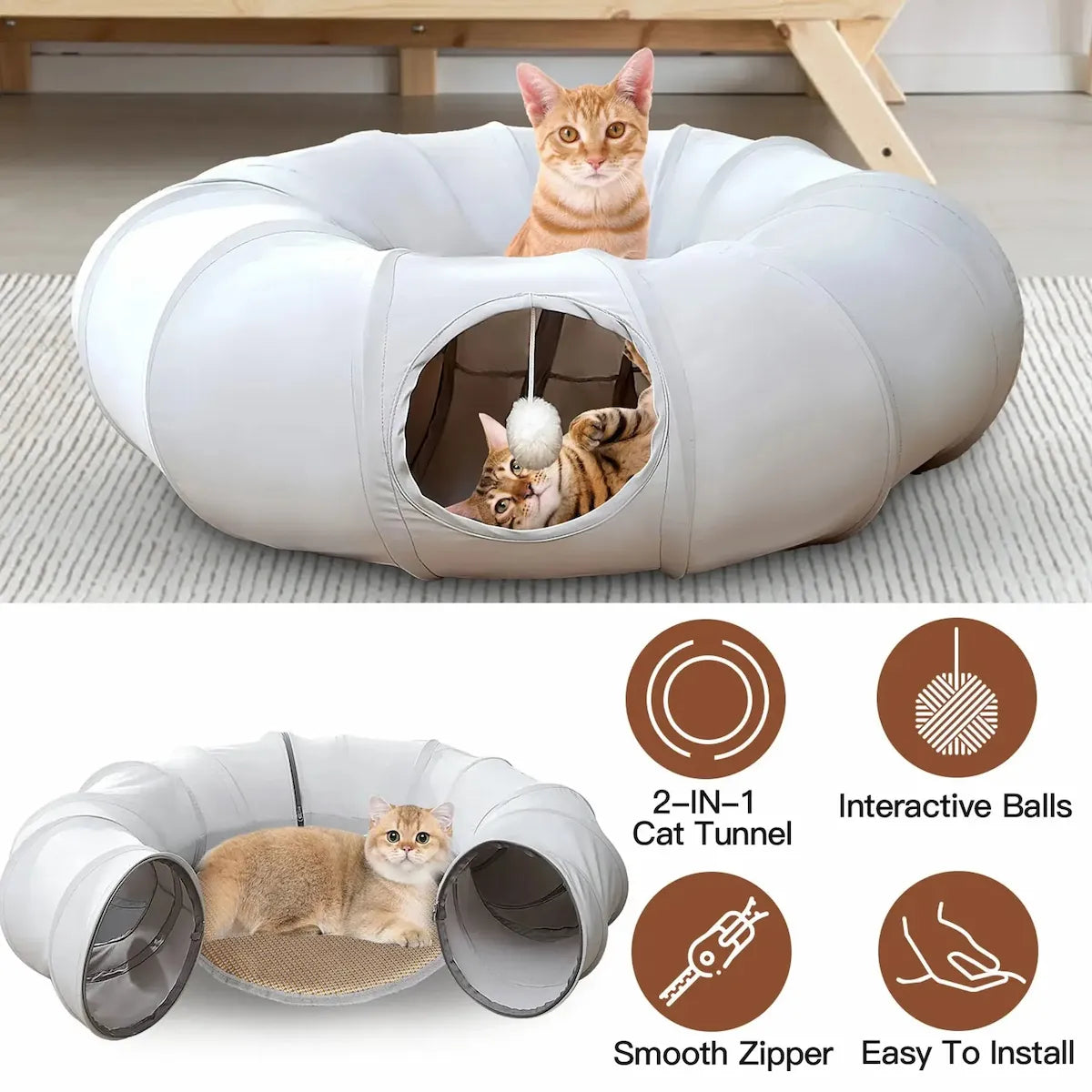 White cat tunnel with two cats inside on a light wooden floor.