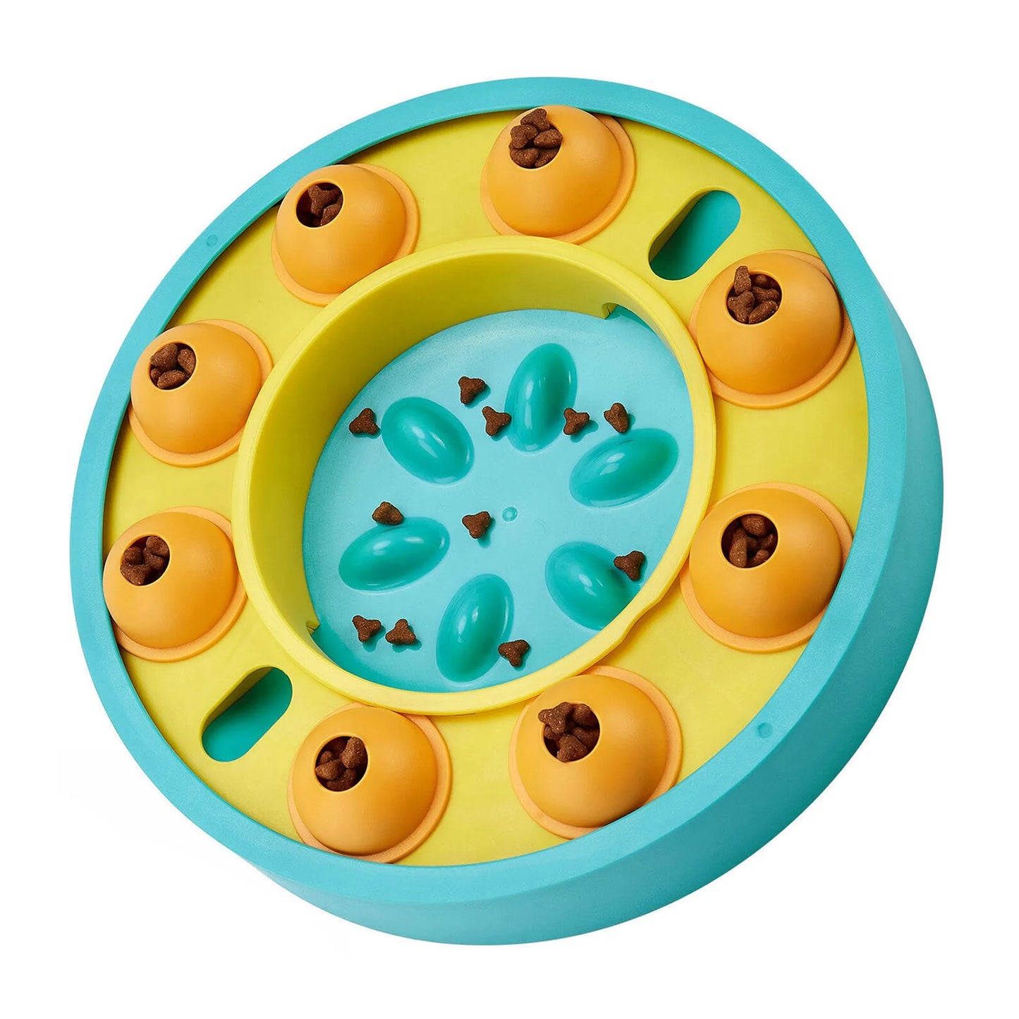 Colorful dog puzzle toy with multiple compartments on a white background