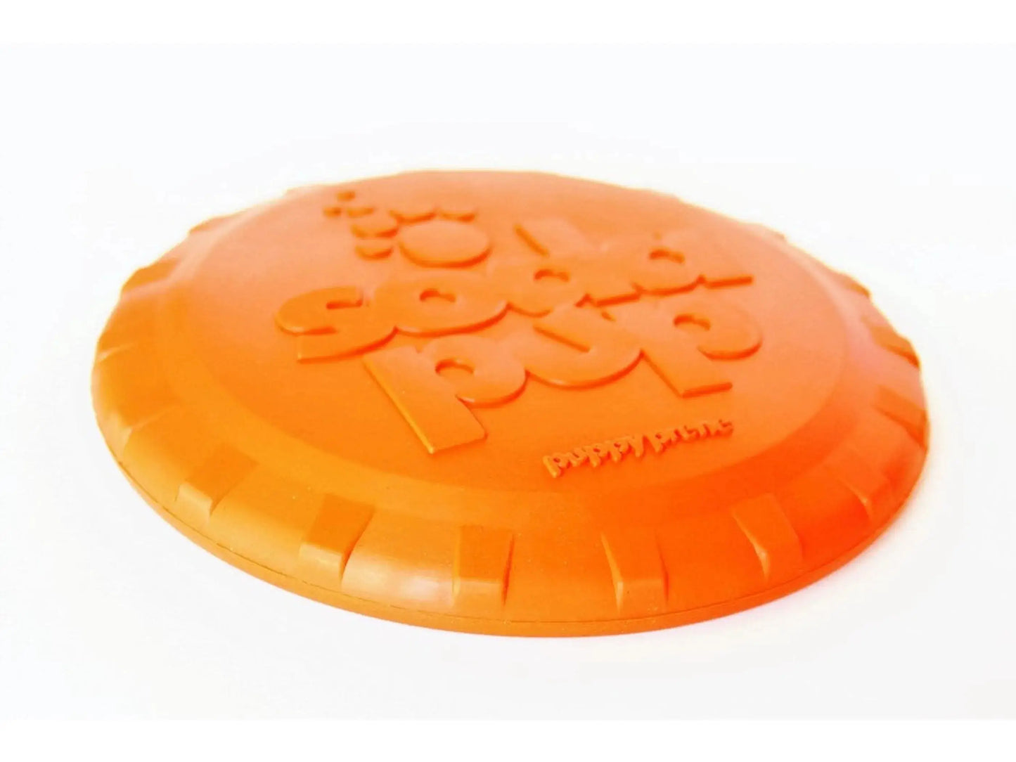 Orange frisbee with 'PuppyMuse' branding on a white background