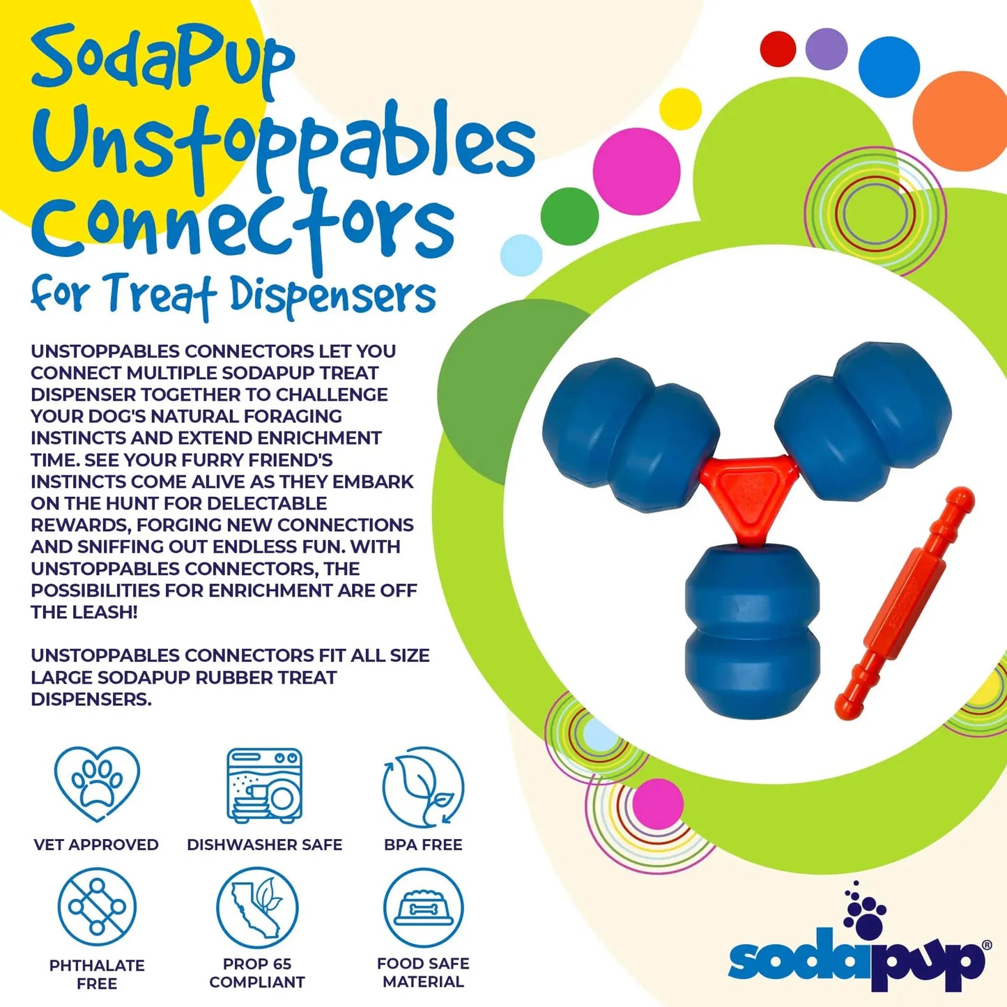 SodaPup Unstoppables Connectors – Blue rubber treat dispensers with orange connectors on white background – Rosie's Pet Paradise
