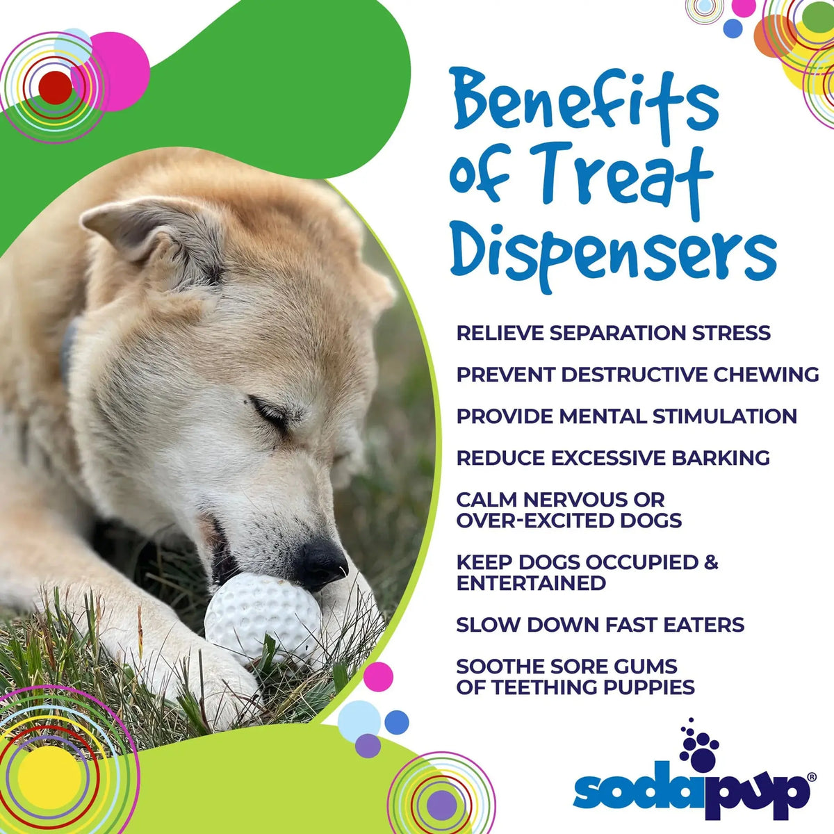 SodaPup Golf Ball Pup-X Treat Dispenser – White textured rubber ball with SodaPup branding on white background – Rosie's Pet Paradise