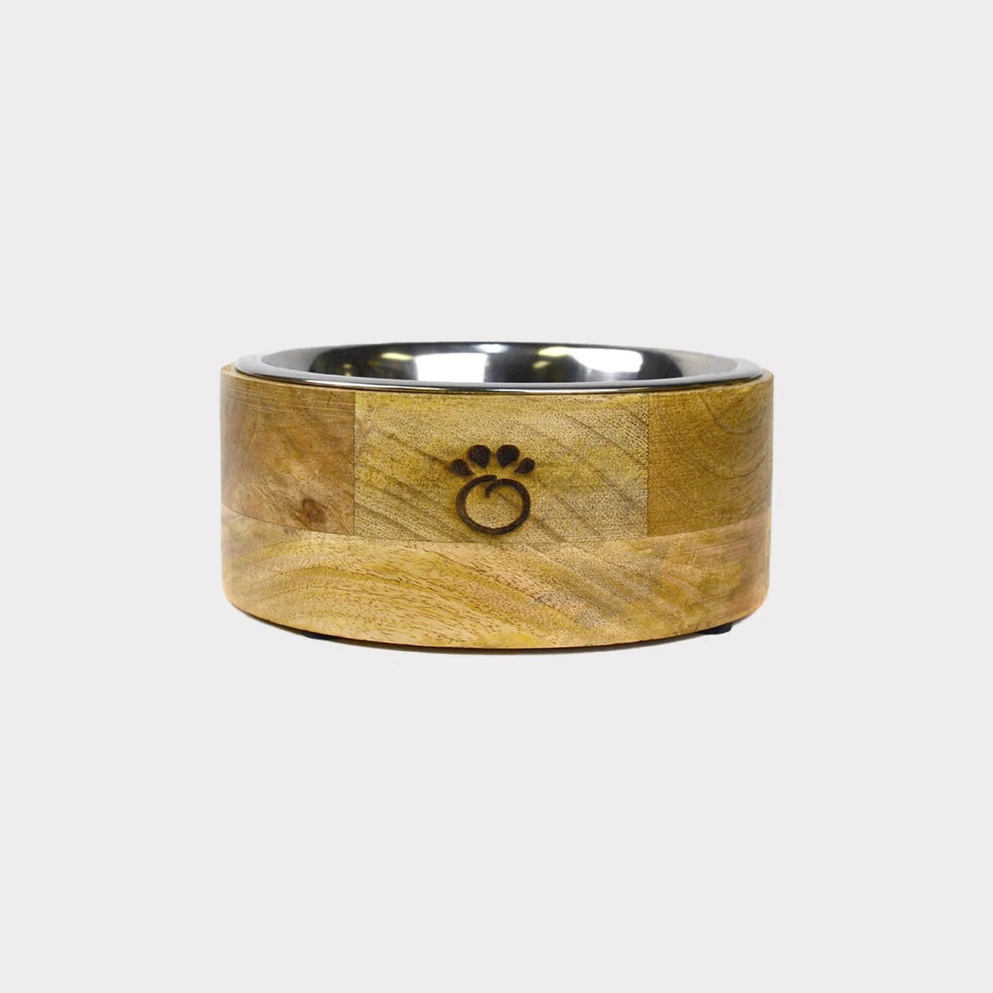 Wooden pet bowl with metal rim on a white background