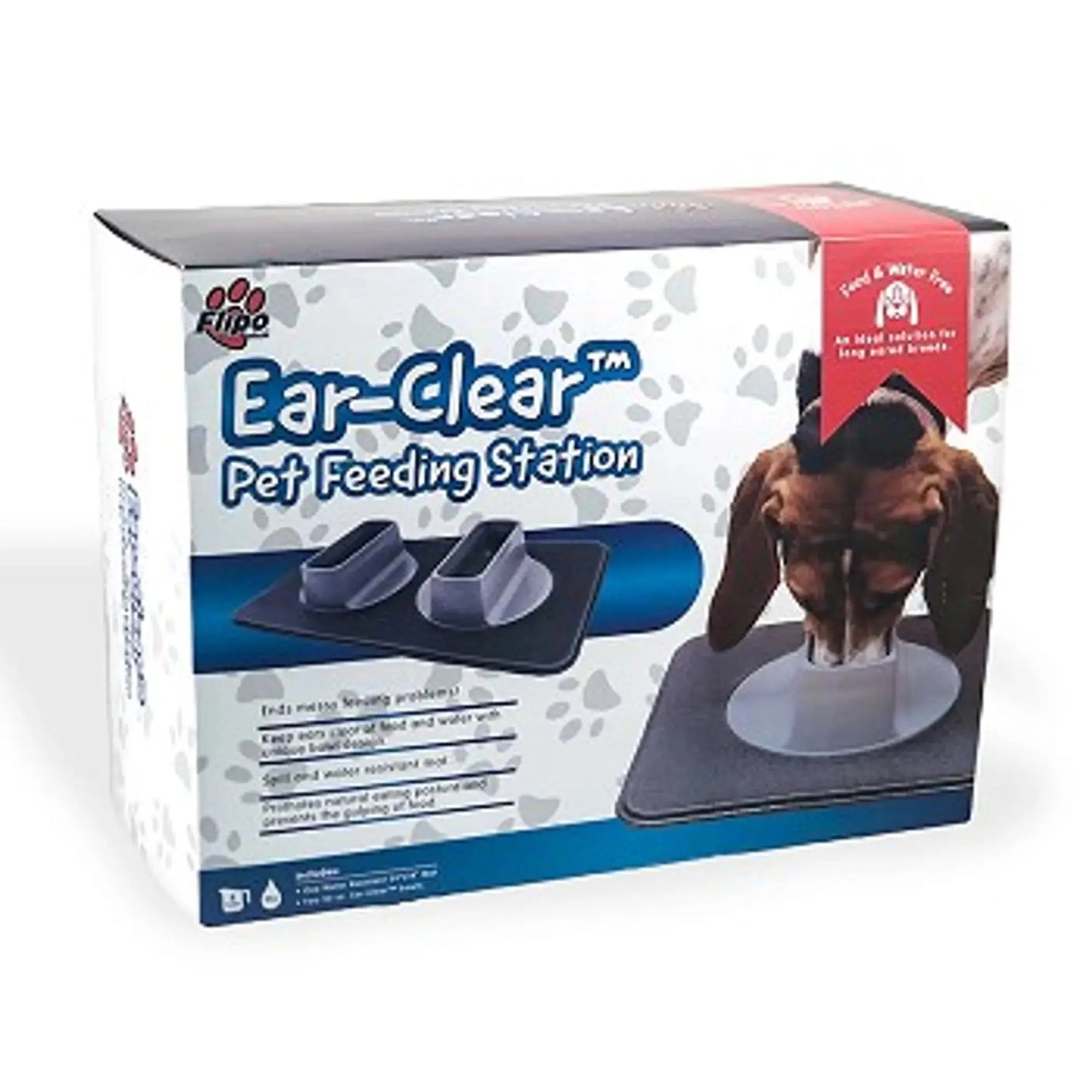 Ear-Clear Pet Feeding Station – Elevated bowls and feeding mat on white background – Dog and cat feeding station – Rosie's Pet Paradise
