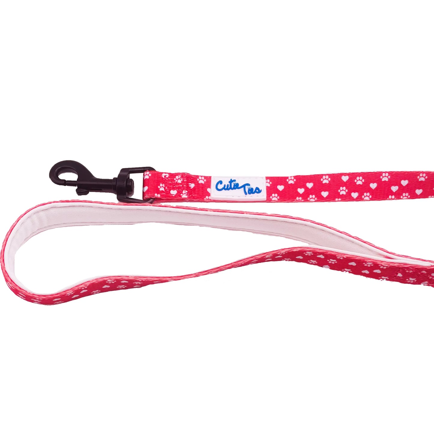 Cutie Ties Fun Design Dog Leash – Pink with paw print pattern on white background – Stylish dog leash – Rosie's Pet Paradise