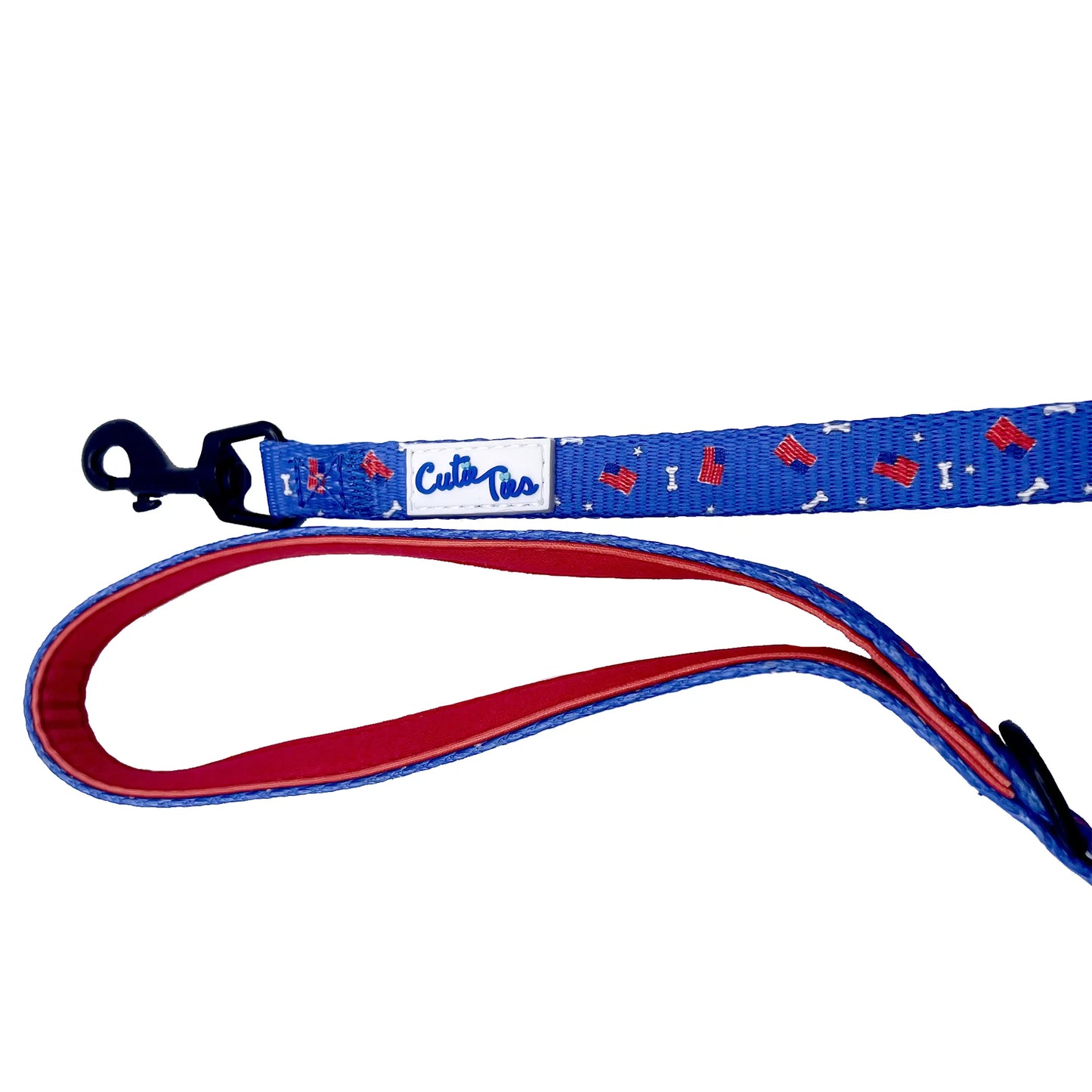 Cutie Ties Fun Design Dog Leash – Blue and red branded leash on white background – Stylish dog leash – Rosie's Pet Paradise