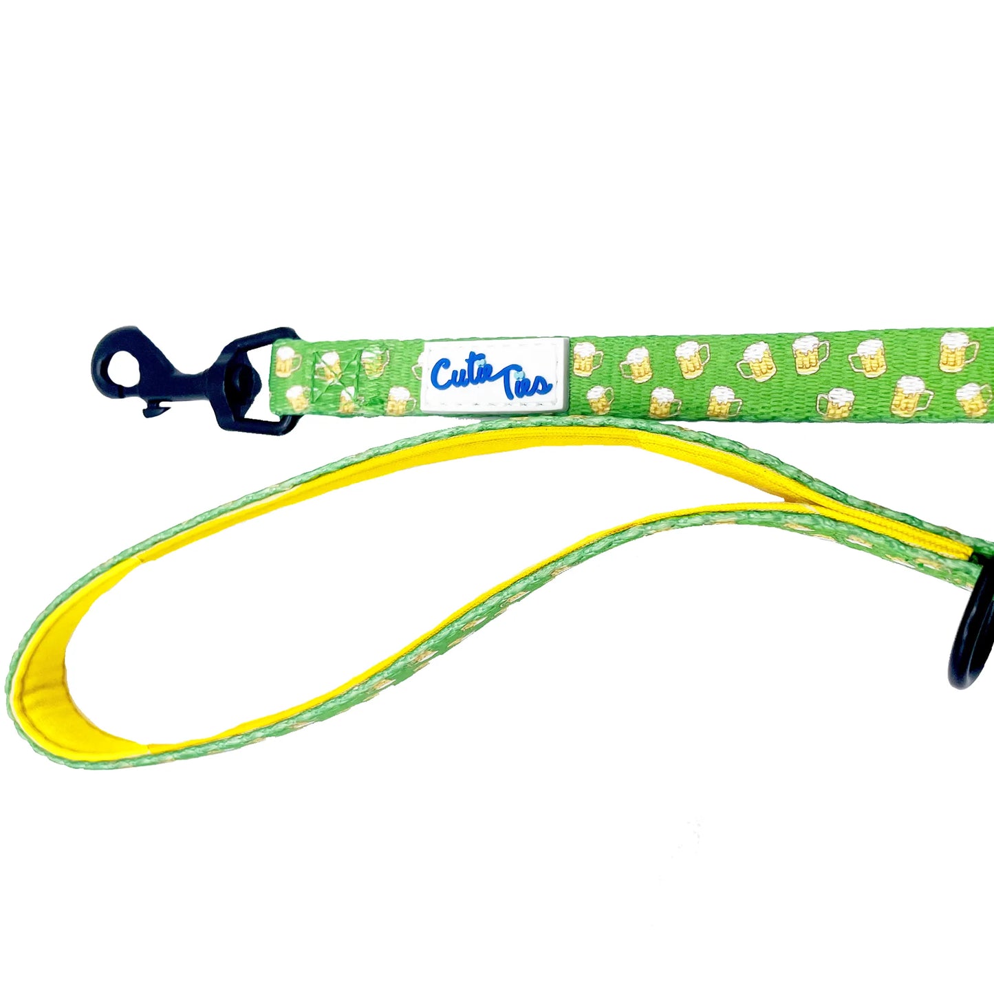 Cutie Ties Fun Design Dog Leash – Green and yellow branded leash on white background – Stylish dog leash – Rosie's Pet Paradise
