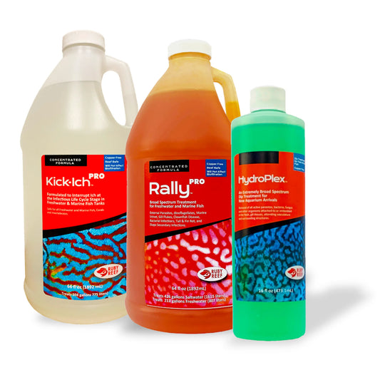 Three bottles of different products on a white background