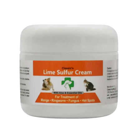 A container of Classic's Lime Sulfur Pet Skin Cream with images of a dog and a cat indicating that it is for veterinary use.
