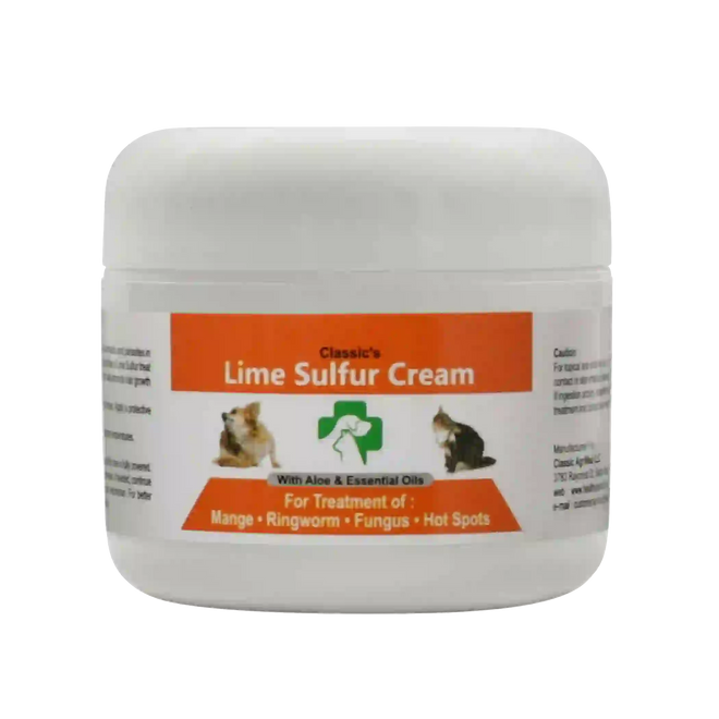 A container of Classic's Lime Sulfur Pet Skin Cream with images of a dog and a cat indicating that it is for veterinary use.