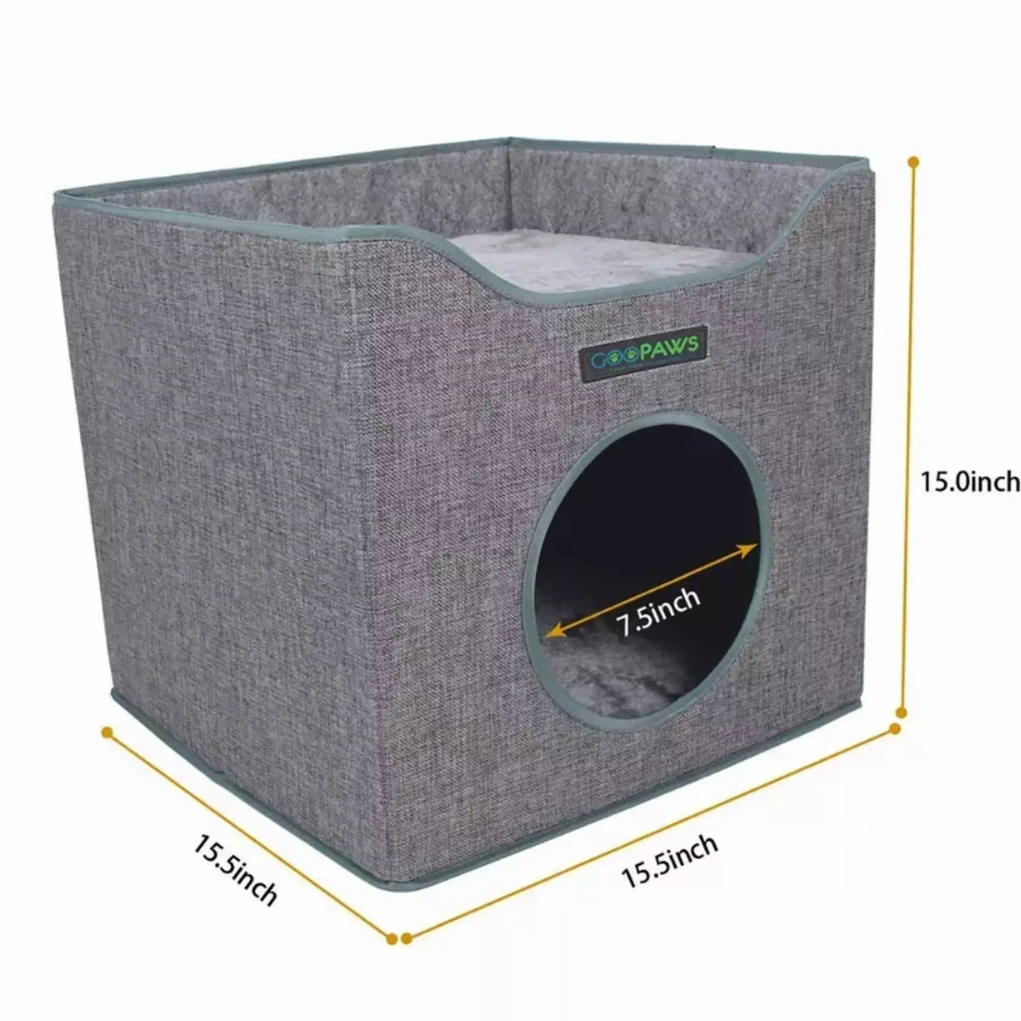 Gray pet bed with dimensions and 'PAWS' branding on a white background