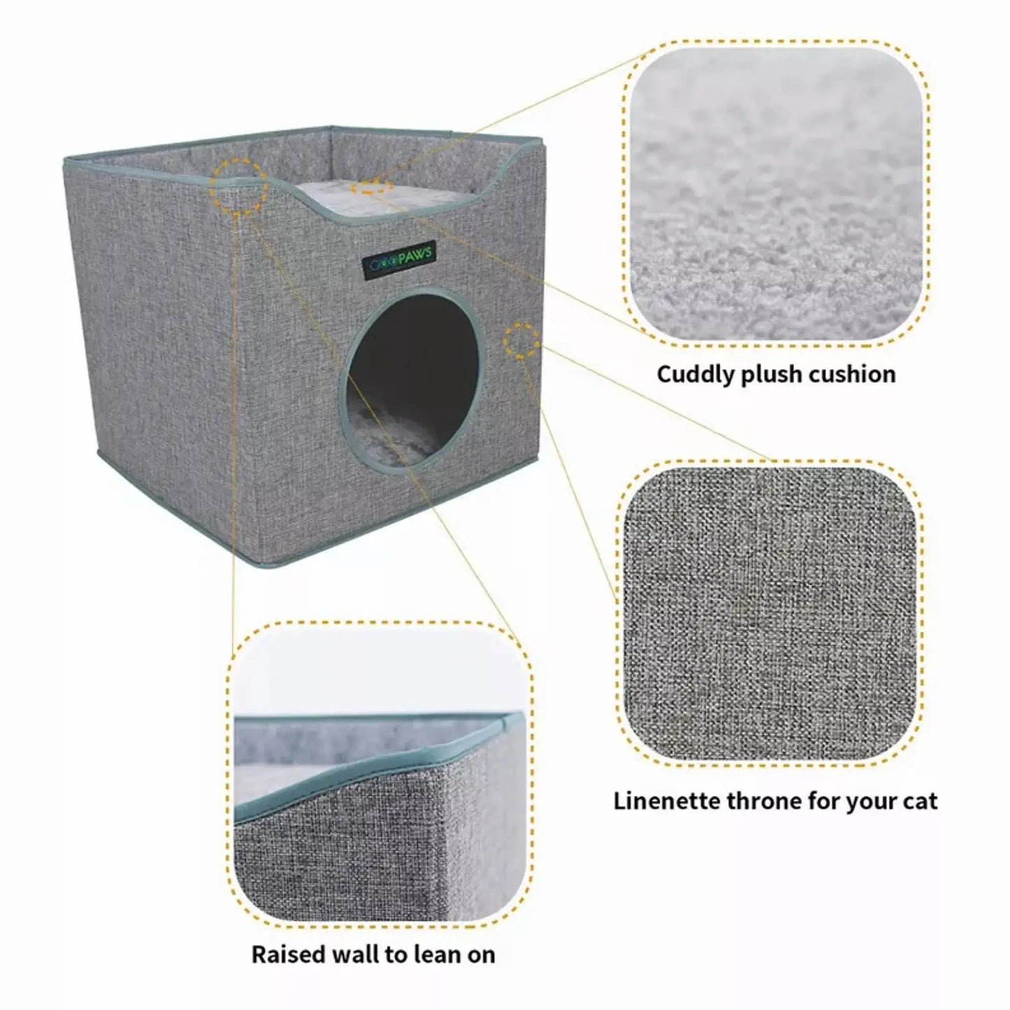 Gray pet bed with plush cushion and raised wall, featuring close-up details on a white background.