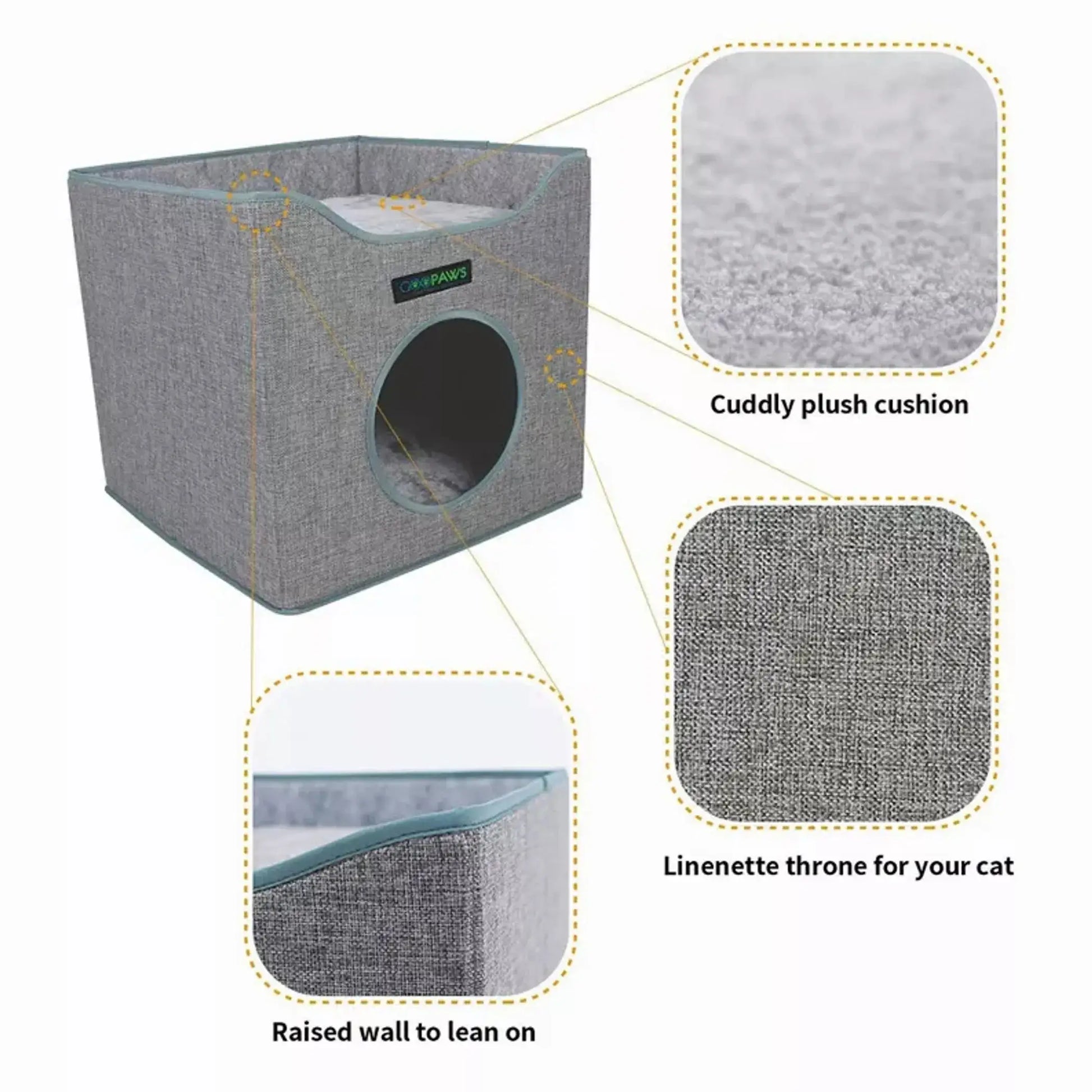 Gray pet bed with plush cushion and raised wall, featuring close-up details on a white background.
