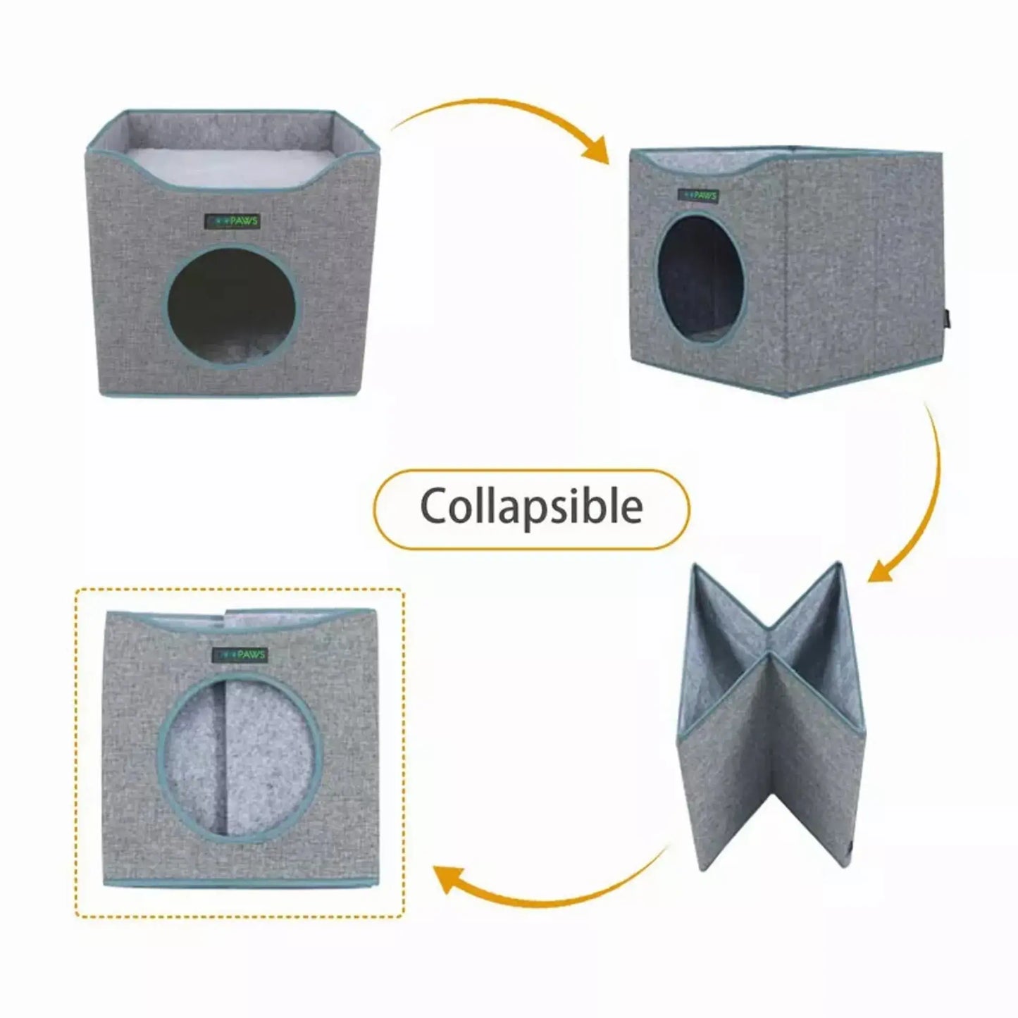 Collapsible pet bed with a gray fabric texture on a white background