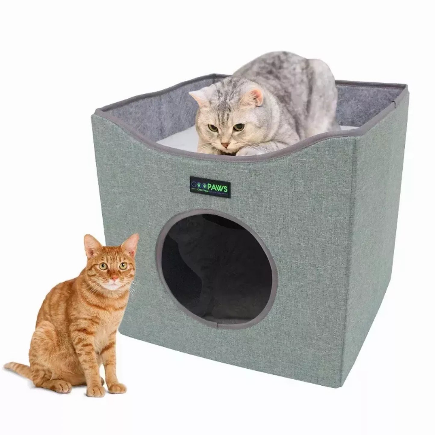 Cat house with two cats, one inside and one outside, on a white background