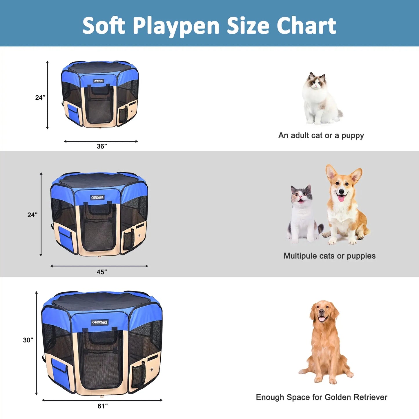 Portable dog playpen for indoor and outdoor use  36X36X24 INCH 45X45X24 INCH 61X61X30 INCH