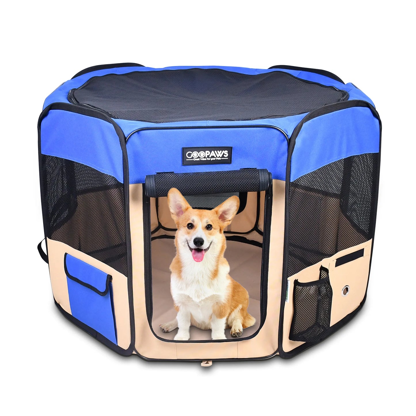 Blue and beige pet playpen with a dog inside on a white background