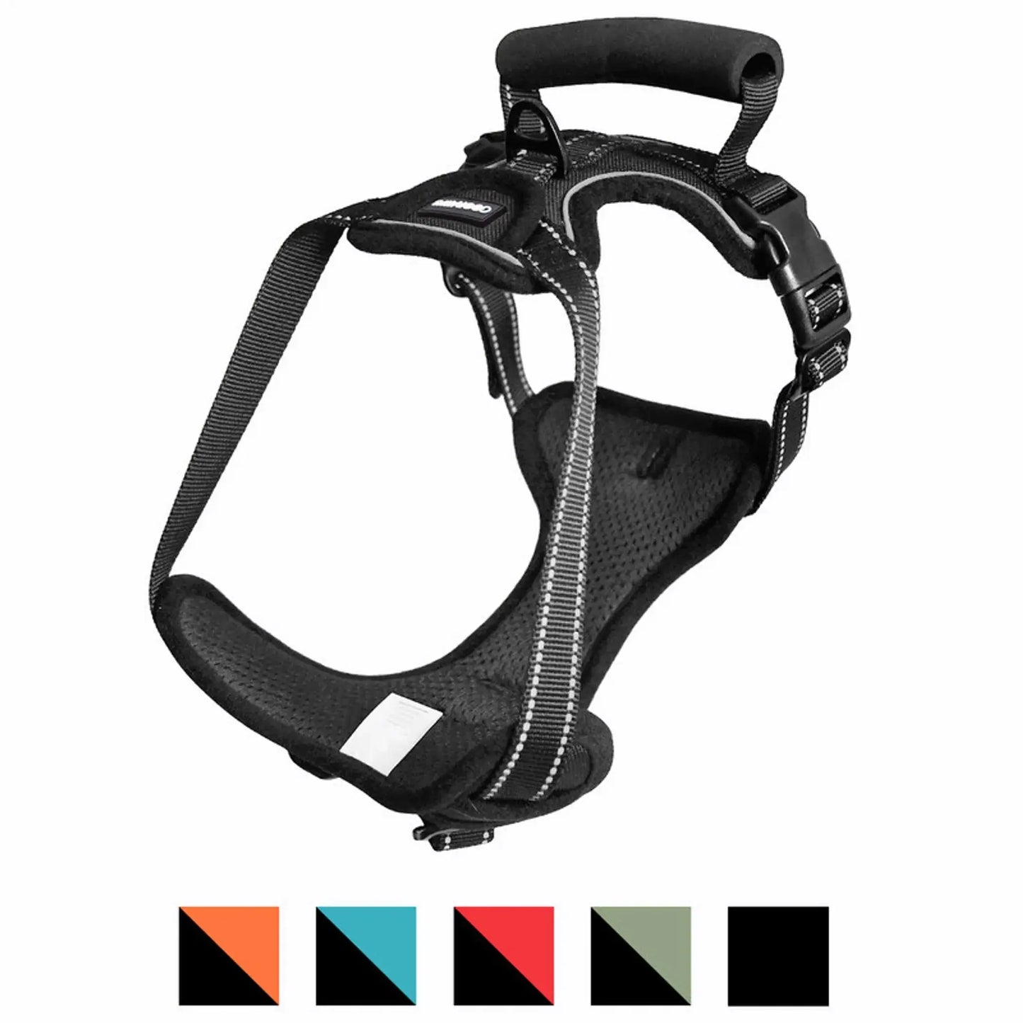 Black dog harness on a white background with color swatches below.