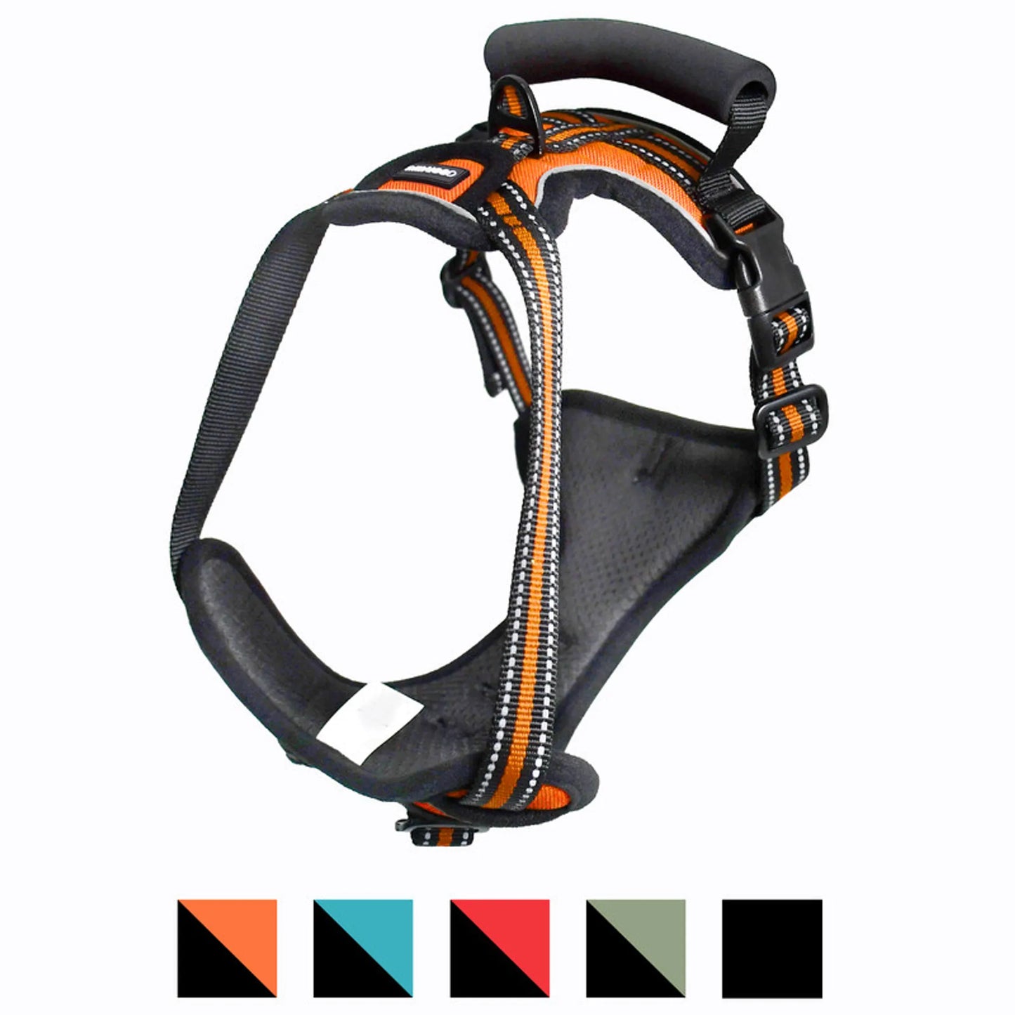 Black and orange dog harness on a white background with color swatches below.