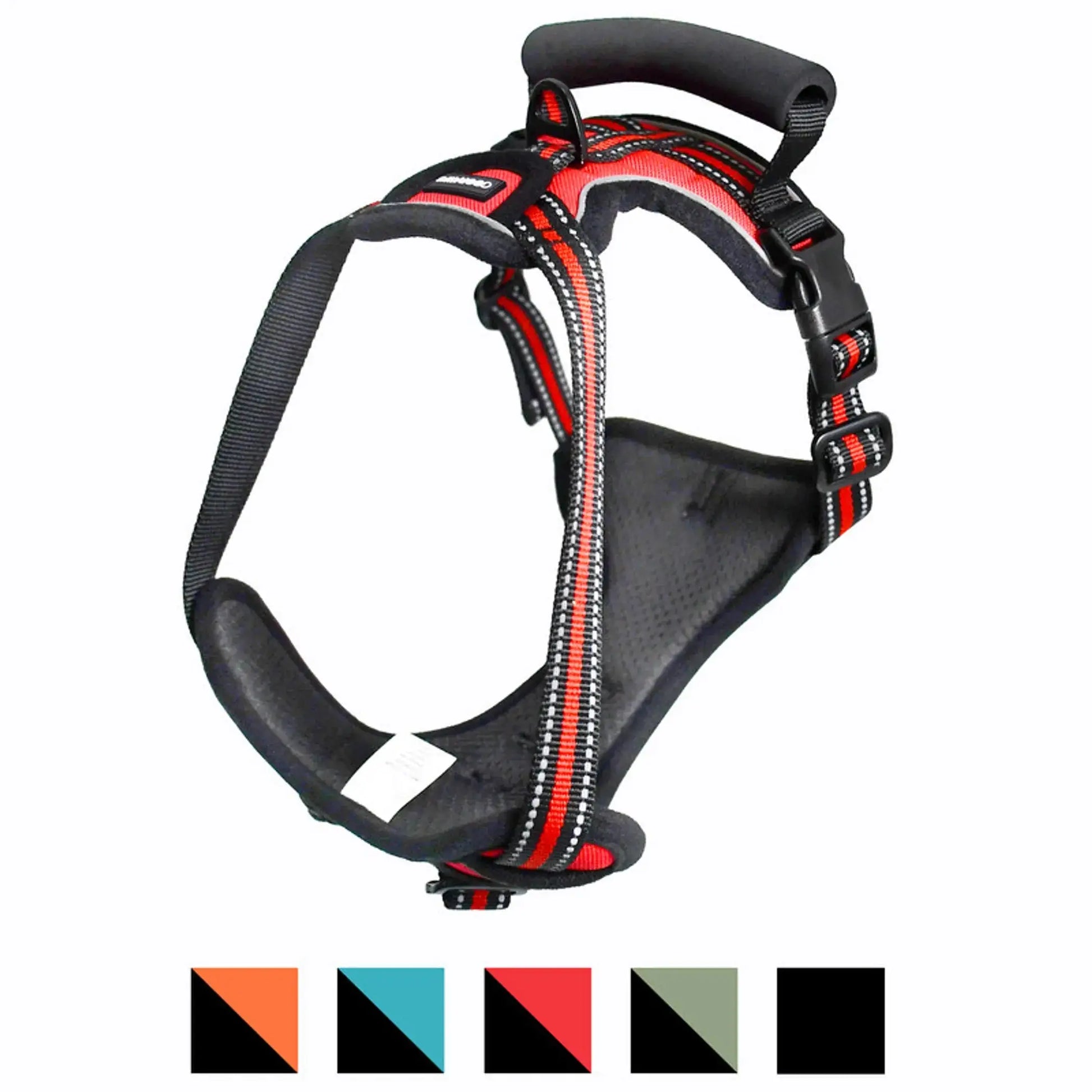 Black dog harness with red accents on a white background