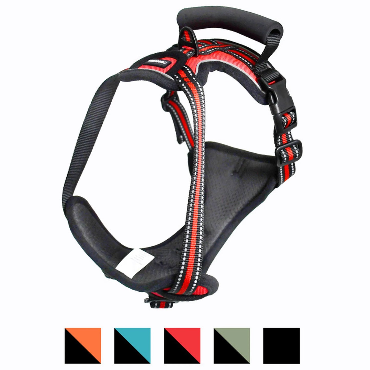 Black dog harness with red accents on a white background