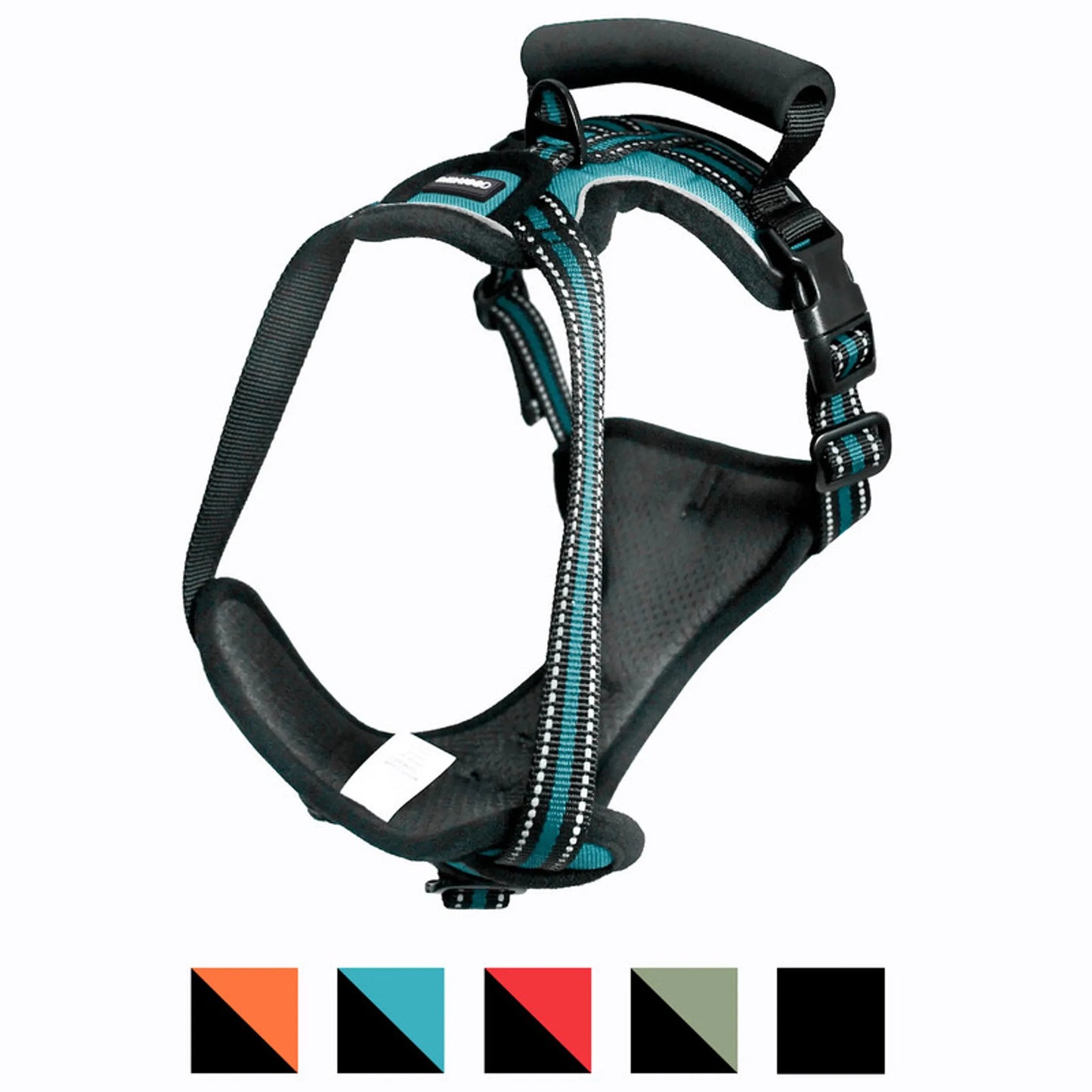 Black and teal dog harness on a white background with color swatches below.