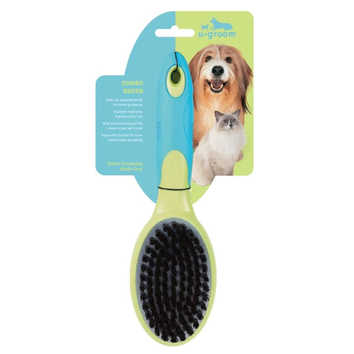 "UG Groom Combo Brush with firm bristles in green handle, shown in retail packaging with a dog and cat, labeled Home Grooming Made Easy"