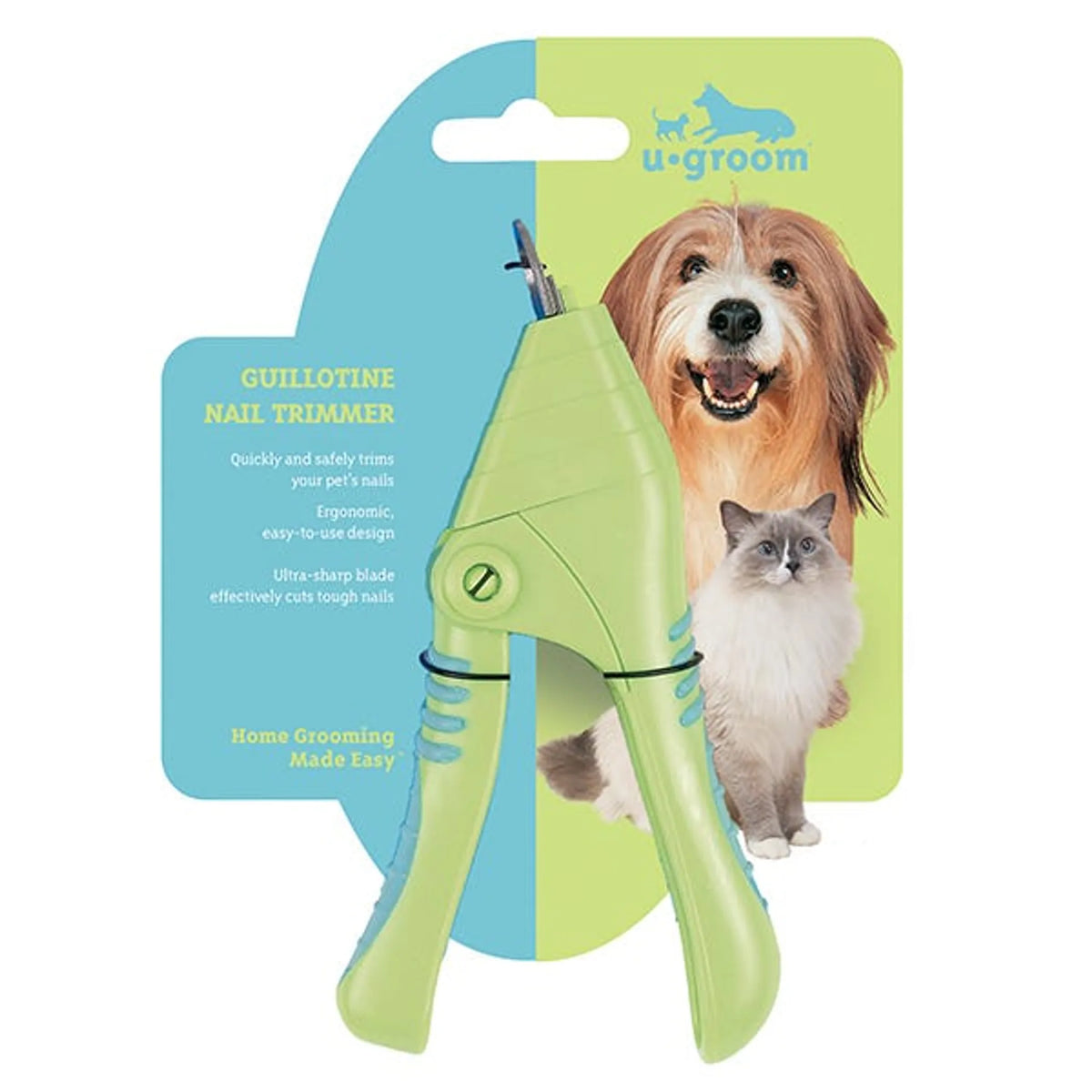 "UG Groom Guillotine Nail Trimmer in green plastic packaging with a happy dog and cat, labeled Home Grooming Made Easy"