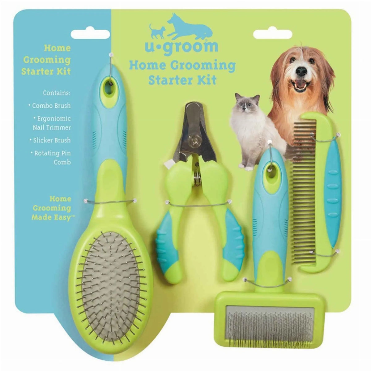 "UG Groom Home Grooming Starter Kit 4-piece set including combo brush, ergonomic nail trimmer, slicker brush, and rotating pin comb, shown in green and blue packaging with a dog and cat"