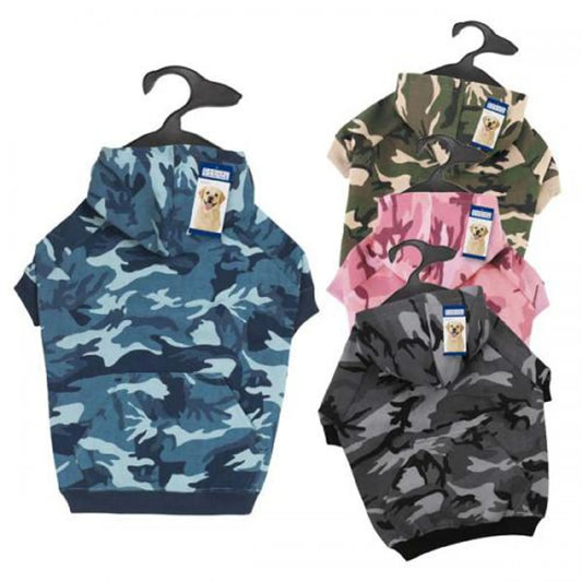 Camouflage-patterned dog hoodies in blue, pink, and gray on hangers with brand tags.