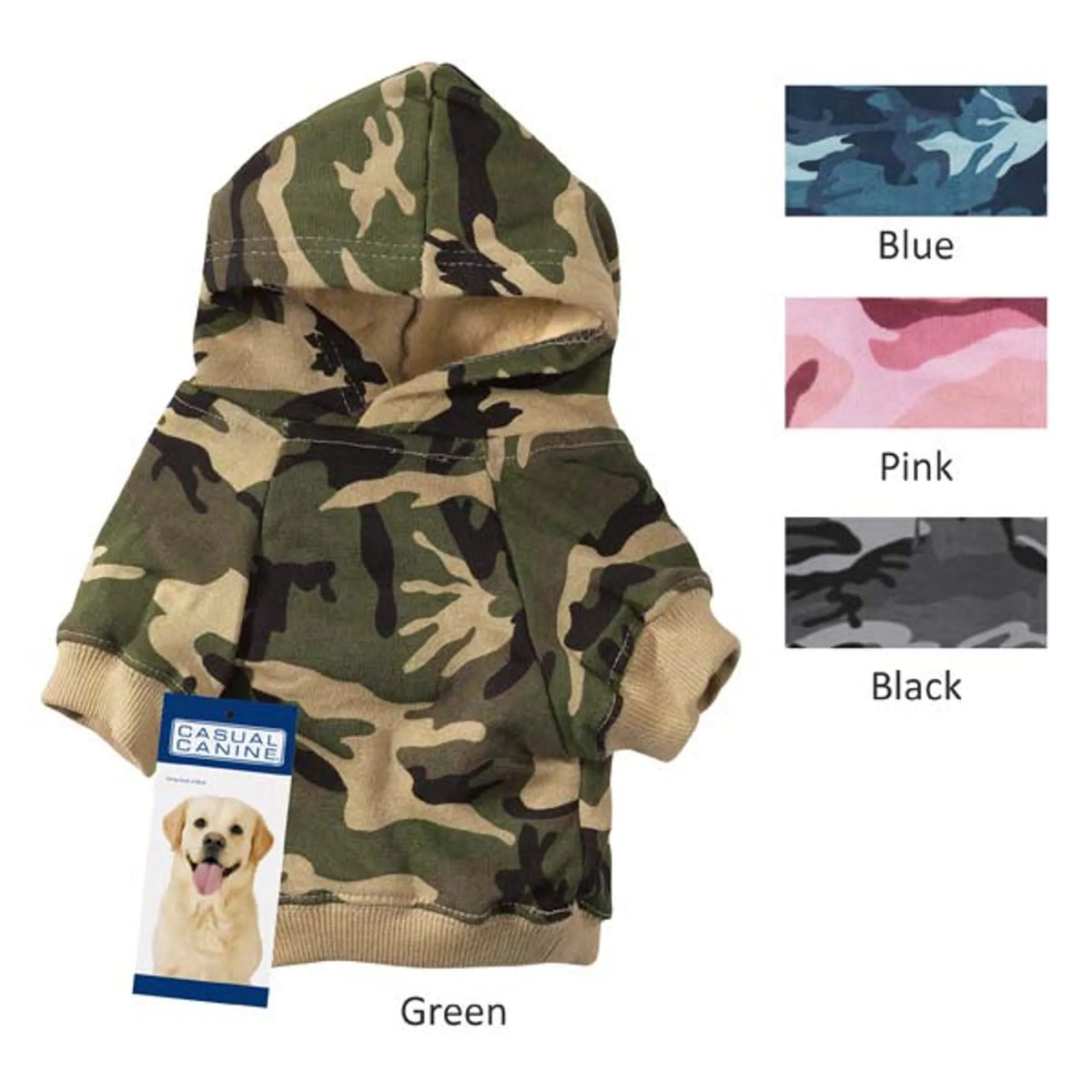 Camouflage dog hoodie with color options displayed on a white background