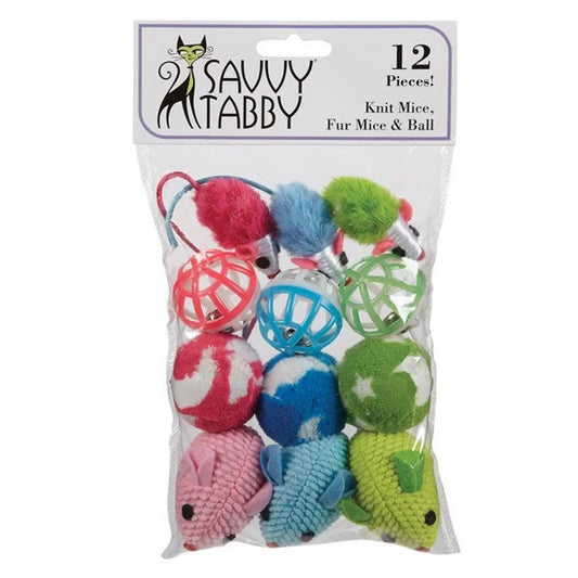 Packaged cat toys with colorful balls and mice, branded 'Savvy Tabby'.