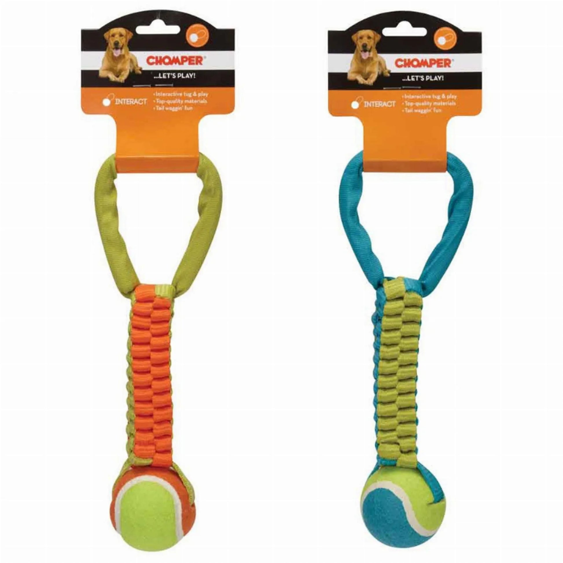 Chomper Dog Toys – Colorful ball and handle toys in packaging – Durable chew and fetch toys for dogs – Rosie's Pet Paradise