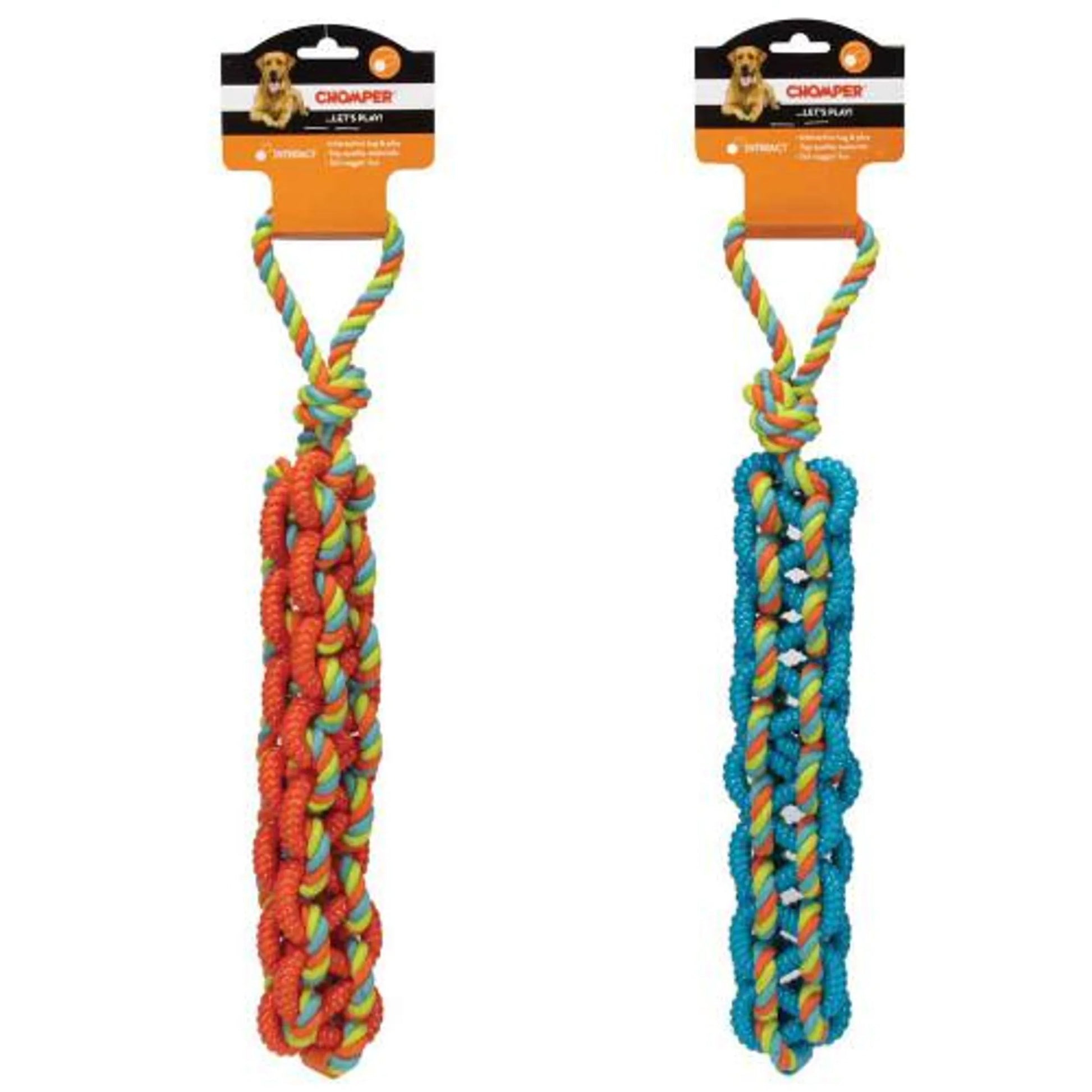 Chomper Braided TPR Rope Tug Toys – Two colorful dog rope toys in packaging on white background – Rosie's Pet Paradise