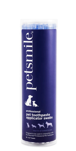 A tube of Petsmile Professional Pet Toothpaste Applicator Swabs with text and illustrations indicating its use for dental care of pets.