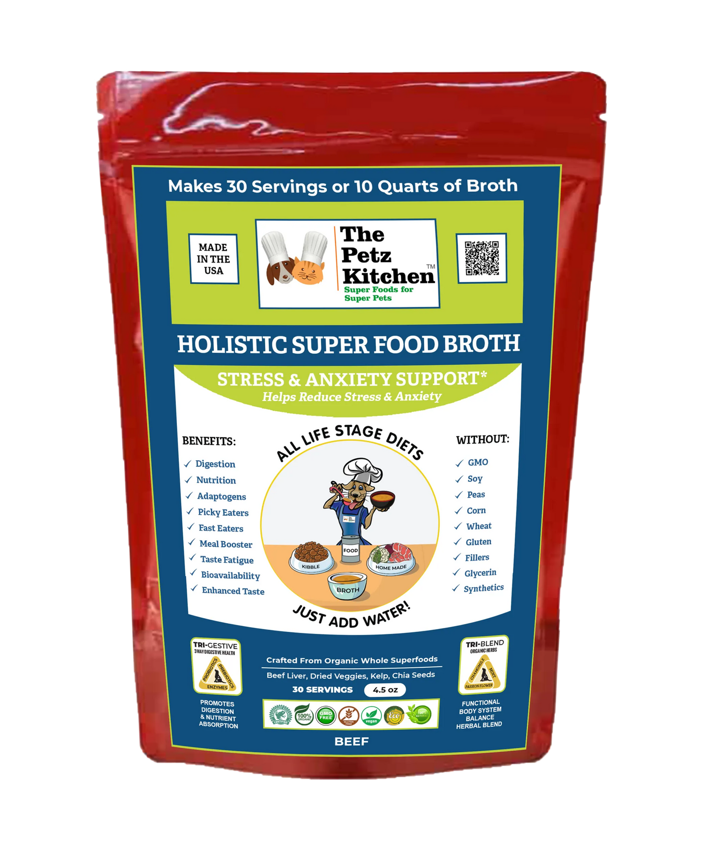 The Petz Kitchen Superfood Broth Stress Anxiety Support – Red package back view – Dog and cat calming supplement – Rosie's Pet Paradise