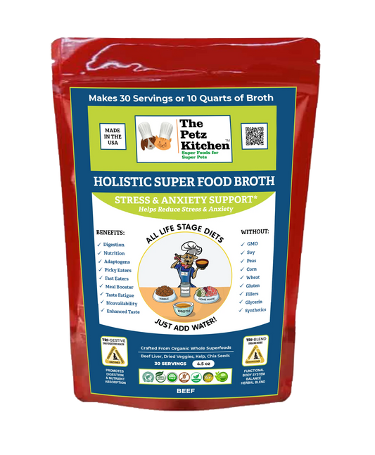 The Petz Kitchen Superfood Broth Stress Anxiety Support – Red package back view – Dog and cat calming supplement – Rosie's Pet Paradise