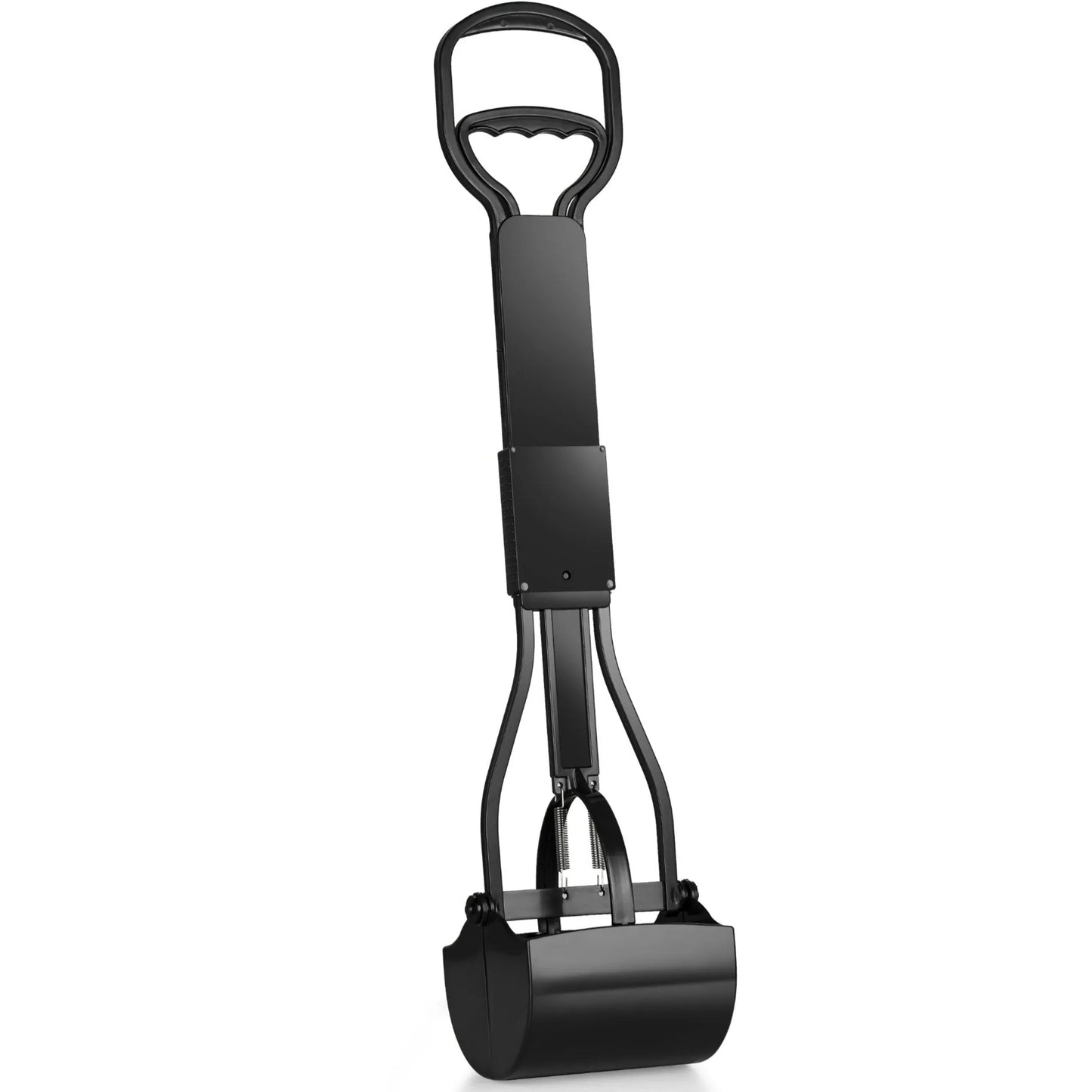 Black metal dog grooming tool with measurement label on a white background