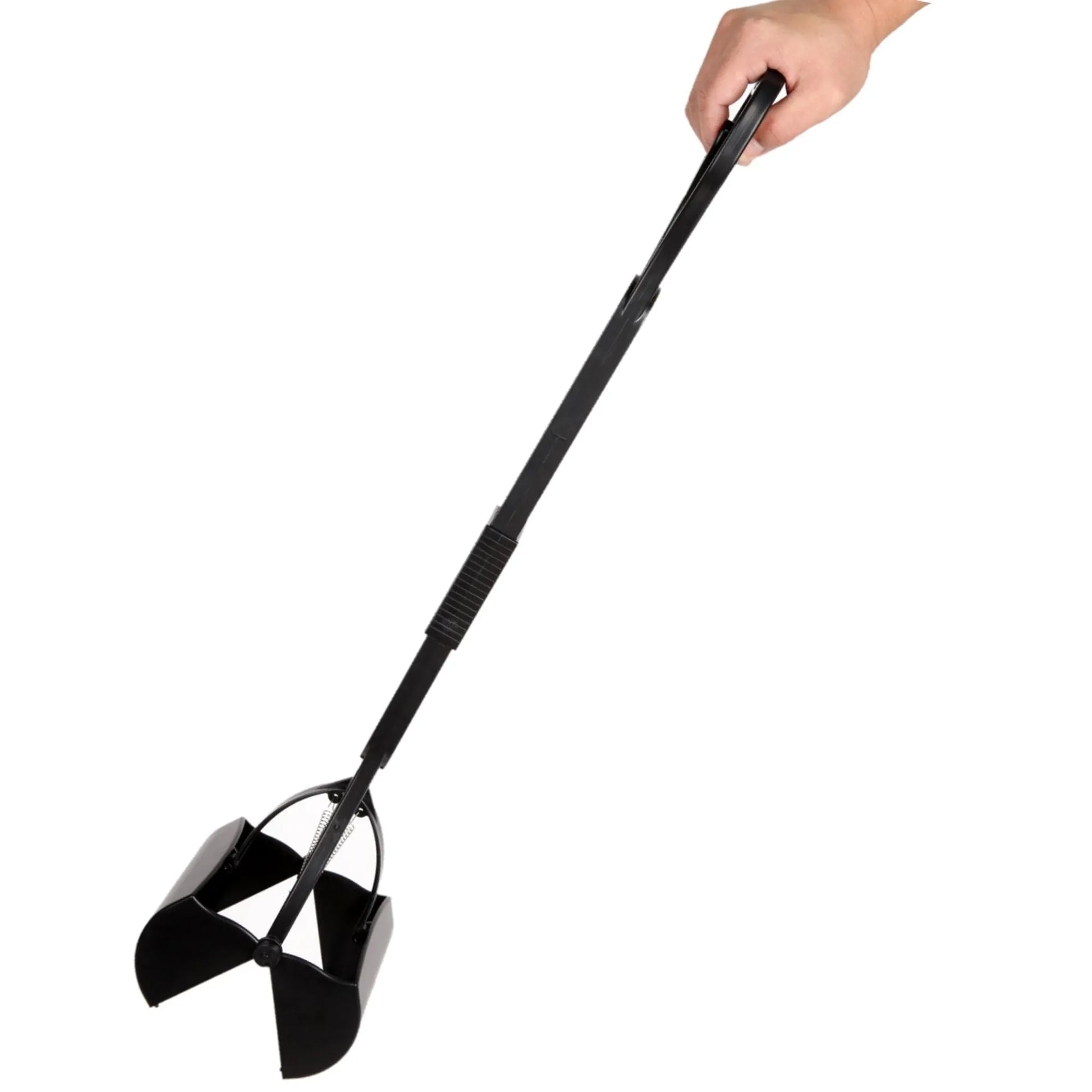 Black metal dog grooming tool with measurement label on a white background