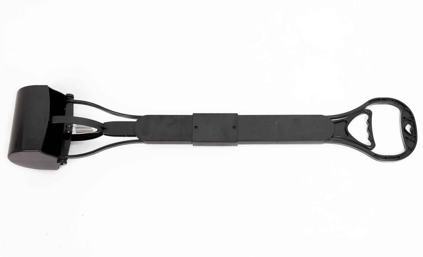 Black metal dog grooming tool with measurement label on a white background