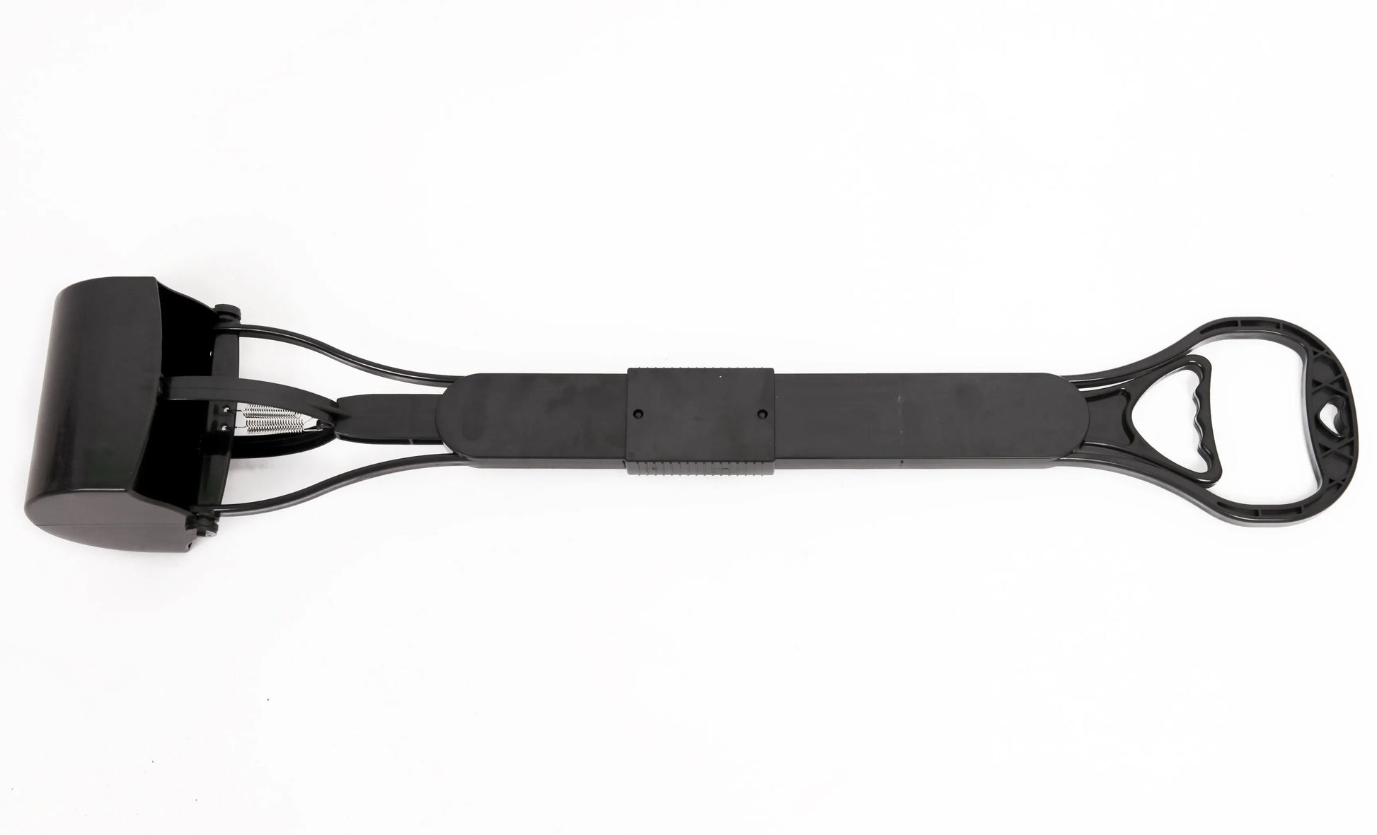 Black metal dog grooming tool with measurement label on a white background